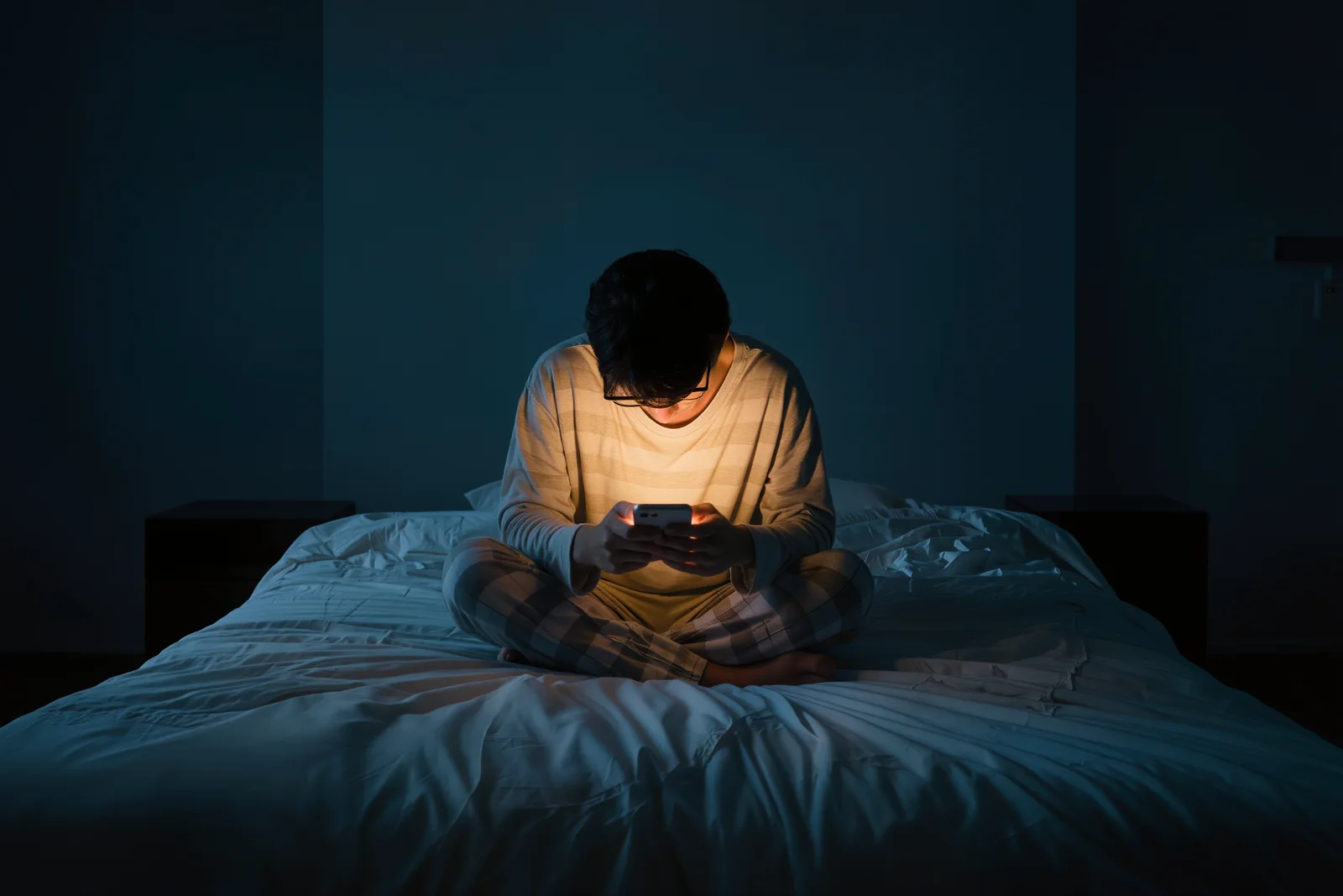 深夜床上被手机照亮的人